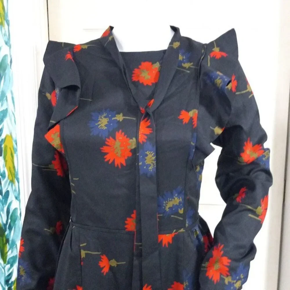 Weekend Black Floral Whimsy Goth Floral Twee Long Sleeve Dress S With Ruffle - Picture 5 of 13